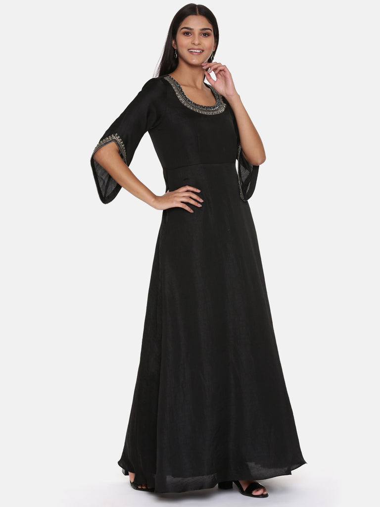 Black Silk Blend And Net Indo-Western Embroidered Gown LSTV123873